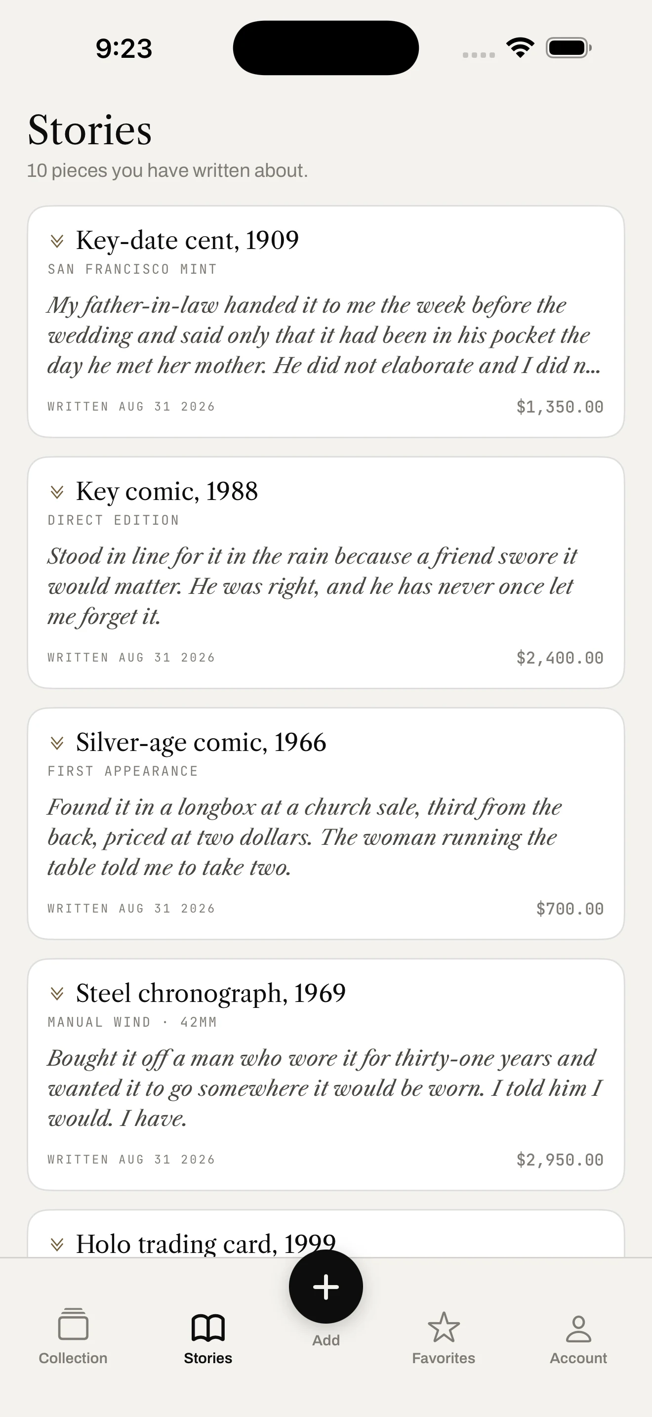 The Verth app showing pieces with the collector's story beside each price