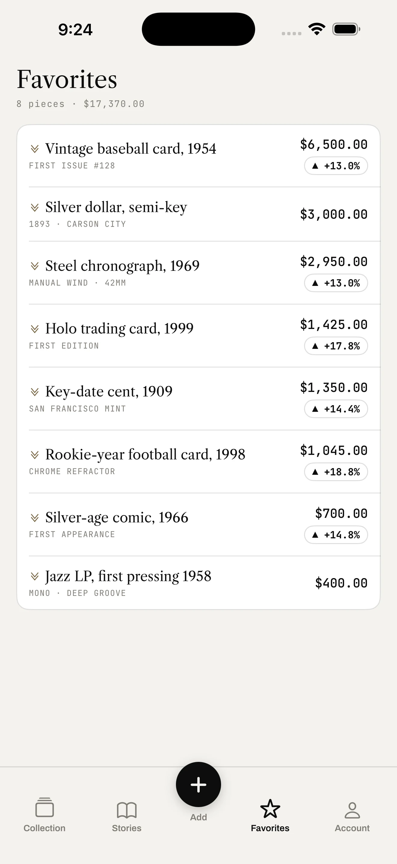 The Verth app favorites screen showing value and movement per piece